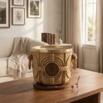 Nest & Nook Handcrafted Round Woven Storage Basket with Brass Cage, Linen Liner & Wooden Base - Image 2