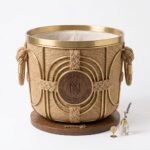 Nest & Nook Handcrafted Round Woven Storage Basket with Brass Cage, Linen Liner & Wooden Base